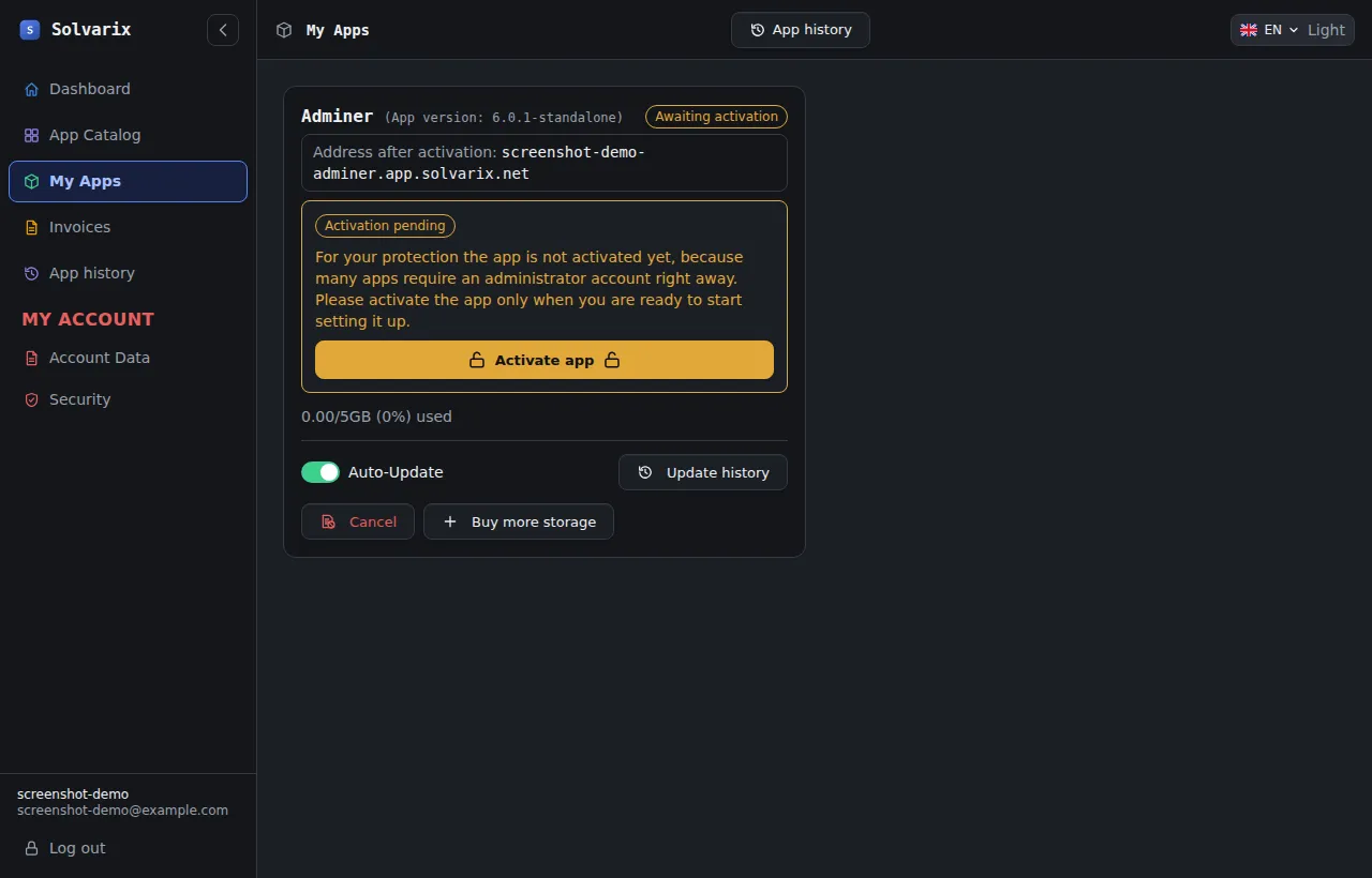 App activation in the customer portal